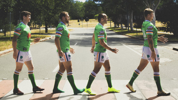 The Canberra Raiders' English quartet doing their best to remodel The Beatles' Abbey Road album cover.