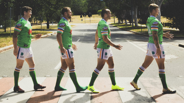 The Canberra Raiders' English quartet doing their best to remodel The Beatles' Abbey Road album cover.