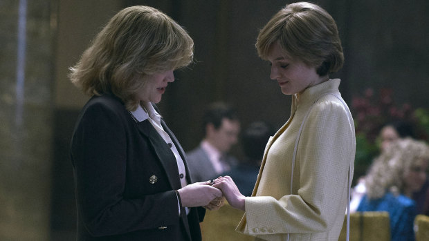 Camilla Parker Bowles (played by Emerald Fennell) and Diana Spencer (Emma Corrin) in a scene from The Crown filmed at Australia House.
