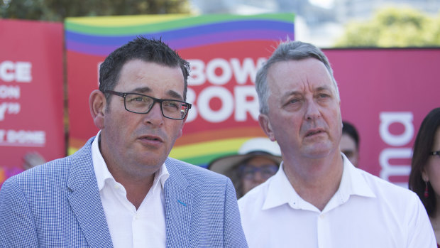 State Equality Minister Martin Foley next to Premier Daniel Andrews at the St Kilda Pride March.