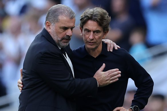 Ange Postecoglou and Thomas Frank before a Tottenham-Brentford clash in 2024.