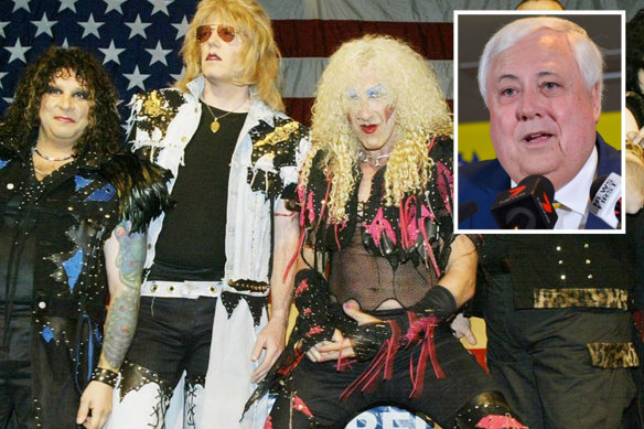 Clive Palmer, inset, says he does not need to pay to use a reworked version of the Twisted Sister song in his political advertisements.  Dee Snider, right, is expected to give evidence.