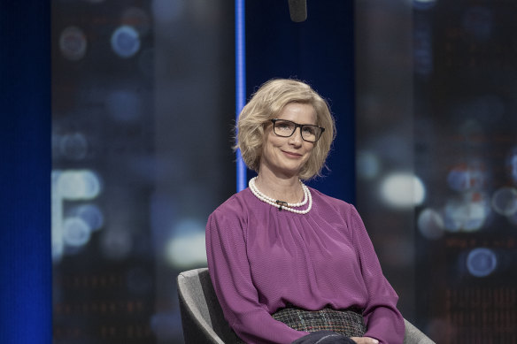 Griffiths as former MP Rachel Anderson on the set of Q&A, with her Laura Tingle-inspired hair.