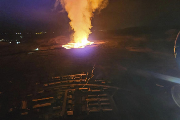 A helicopter view as the volcano erupts near Grindavík on Sunday.