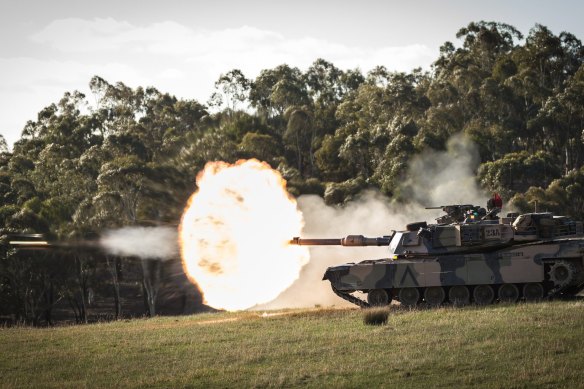 An Australian Army Abrams tank during an exercise at Puckapunyal in Victoria in 2018.