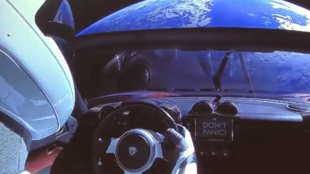 A mannequin in a SpaceX spacesuit in Elon Musk's red Tesla sports car which was launched into space during the first test flight of the Falcon Heavy rocket.