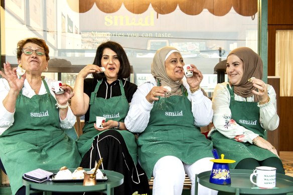 Georgette Taouk, Najwa Tajjour, Amal Elhani (mother of owner Serena Tajjour) and Randa Fardos enjoying ma’amoul and coffee at Smeed, Belmore.