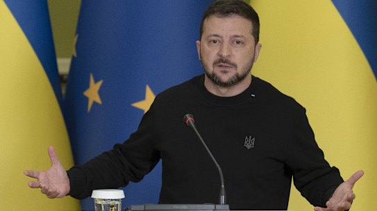 Volodymyr Zelensky during a news conference in Kyiv, Ukraine, on Saturday.