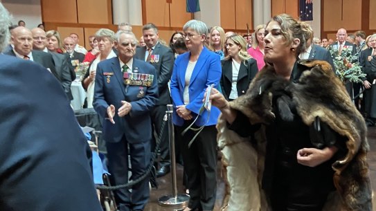 Senator Lidia Thorpe marches to the front of the Great Hall, yelling, ‘you are not my king!’