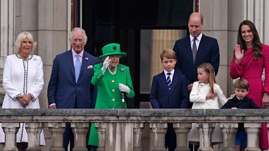 The Queen appears on the Buckingham Palace balcony with the Duchess of Cornwall, Prince Charles and the Cambridges.