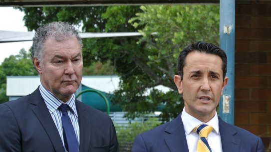 Premier David Crisafulli with Education Minister John-Paul Langbroek at Sunnybank State School, announcing a $44 million investment into a three-pronged behaviour programs at Queensland state schools.