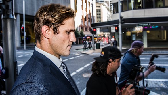 Jack de Belin leaves Downing Centre Courthouse earlier this month.