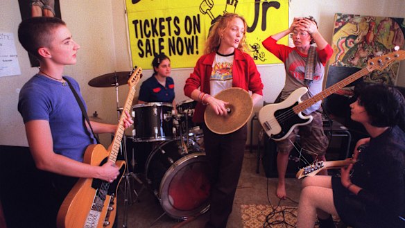Sarah Blaby, far left, with Rock ’n Roll High School headmistress Stephanie Bourke (centre) and fellow students Alex Castaniotis (drums), Sarah McKeown (bass) and Jessie McEvoy in 1997.
