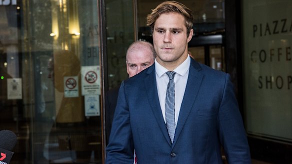 Jack de Belin leaves court after he was found not guilty of one charge.