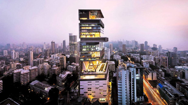 Antilia, the Mumbai home of India's wealthiest man, Mukesh Ambani. The property is valued at over $US1 billion and has more than 600 staff to maintain it.