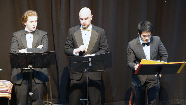 From left, Michael Cooper, Ben Russell and Tim Lim in <i>Radio on Repertory Lane</i>.