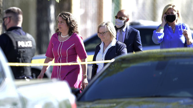 Knoxville Mayor Indya Kincannon, left, arrives at the scene of a shooting at Austin-East High School in Knoxville, Tennessee. 