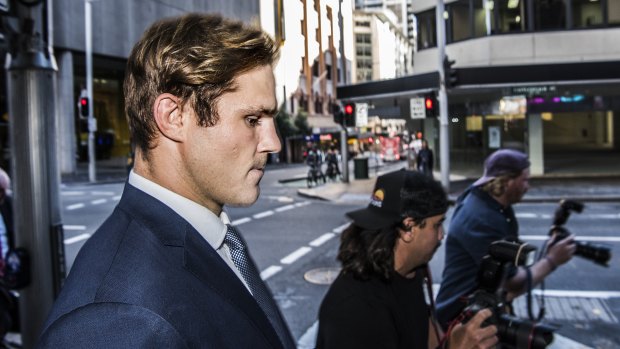 Jack de Belin leaves Downing Centre Courthouse earlier this month.