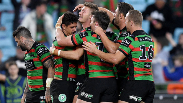 Here they come: Dane Gagai scores as the Rabbitohs steamroll the Eels.