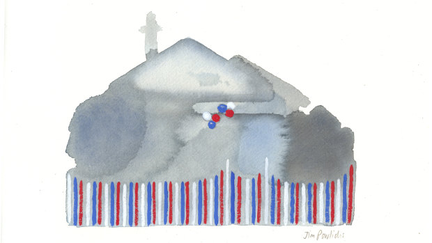 “Footscray 3”, from a series on houses decorated in Western Bulldogs colours in 2016, when the club won its first flag in 62 years (gouache, 2018).