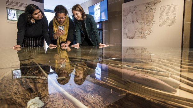 An augmented reality app brings Indigenous history to life with stories and interactive activities.  It was developed by Troi Ilsley, left, Aiesha Saunders, centre, and Marlee Silva right. 
