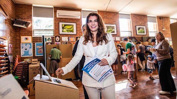 Liberal candidate Gisele Kapterian casts her vote in the Sydney seat of Bradfield at the federal election.