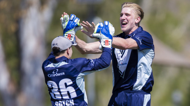 Pace-setter: Will Surtherland celebrates taking the wicket of Queensland Bulls Chris Lynn during the JLT One-Day Cup match in Townsville.