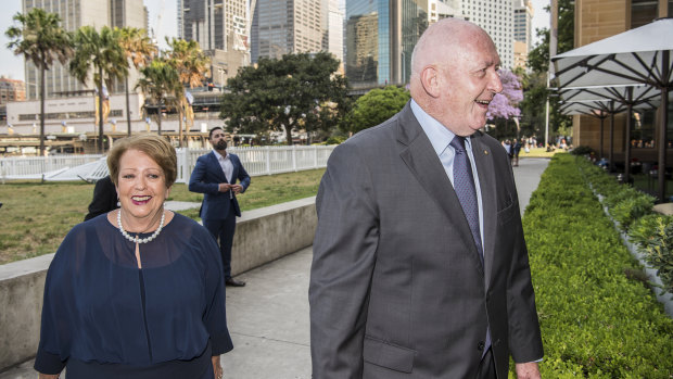 Lady Lynne and Sir Peter Cosgrove arrive at the MCA for Qantas boss Alan Joyce's wedding on Saturday afternoon.