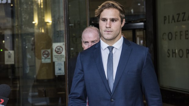 Jack de Belin leaves court after he was found not guilty of one charge.