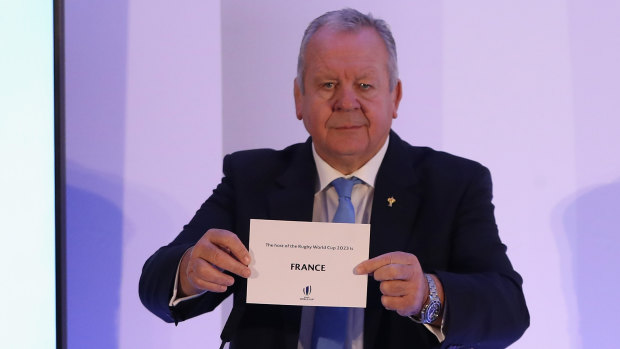 World Rugby chairman Bill Beaumont revealing in 2017 that France would host the 2023 Rugby World Cup. 