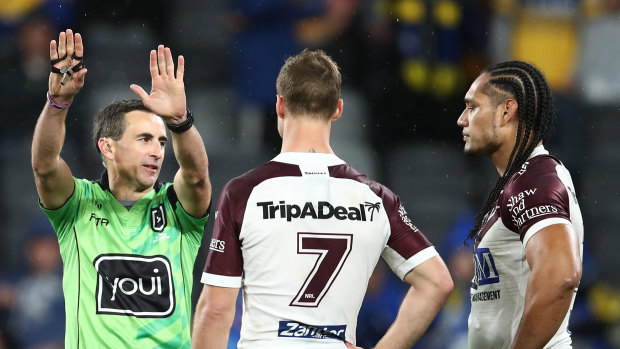 Martin Taupau (right) was sent to the bin for his shot on Ray Stone and now faces suspension.