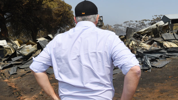 Prime Minister Scott Morrison visits a fire-damaged property on Kangaroo Island.