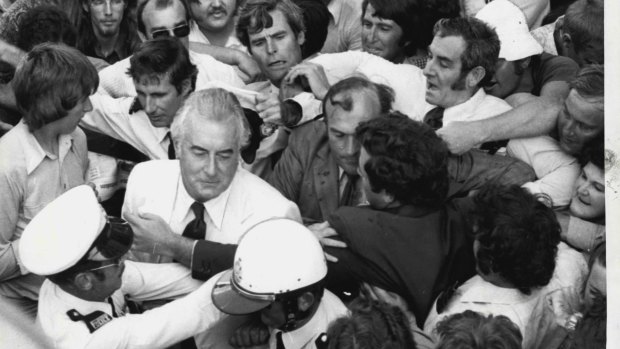 "As police and security guards fought to make a path for Mr Whitlam, other members of his personal staff were punched and jostled." Forrest Park, Perth, on March 25, 1974