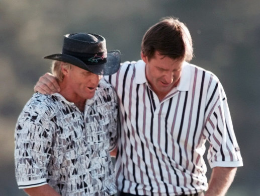 Greg Norman, left, with Nick Faldo, his conqueror at the Masters in 1996 by five strokes.