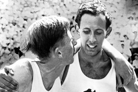 John Landy (right) and Roger Bannister after the mile run in Vancouver.