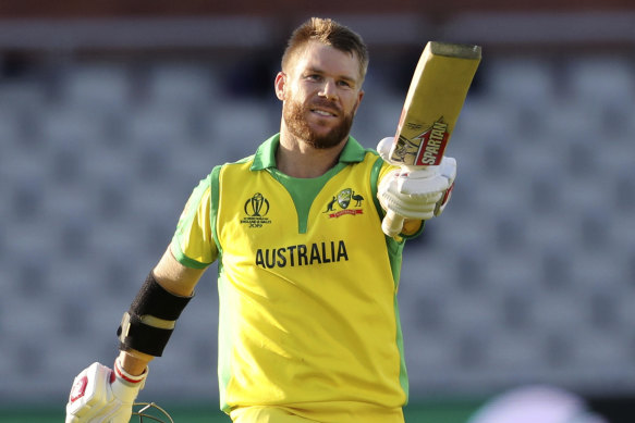 David Warner celebrates after scoring a century during the Cricket World Cup match against South Africa.