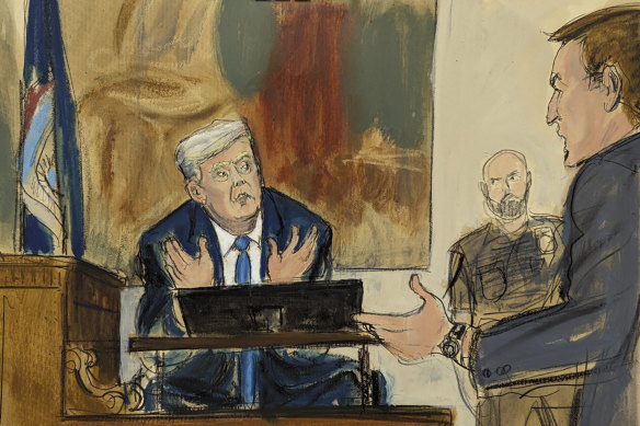 In this courtroom sketch, former US president Donald Trump answers questions from New York assistant attorney general Kevin Wallace in New York Supreme Court.