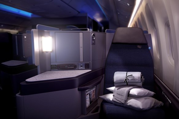 Nearly two metres of lie-flat sleeping room, a private pod, three-course meal and access to United Polaris lounge are some of the perks. 
