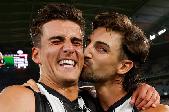 Brothers in arms Nick (left) and Josh Daicos show their love in 2022, Nick’s first season in the AFL.