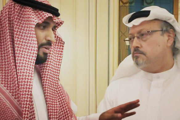 Saudi Crown Prince Mohammed bin Salman, left, and journalist Jamal Khashoggi in a scene from the documentary The Dissident.