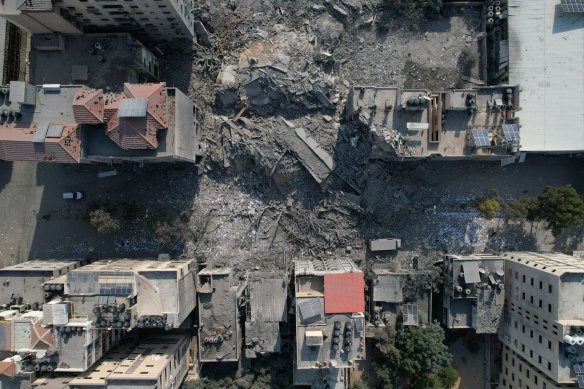 Destroyed buildings and residential towers in the Rimal district.