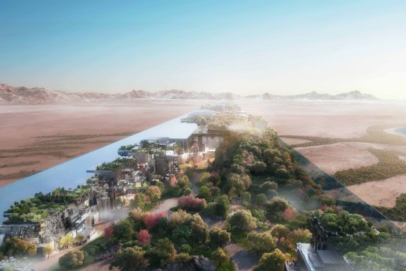 An artistic impression of NEOM, a city that runs entirely on renewable energy.