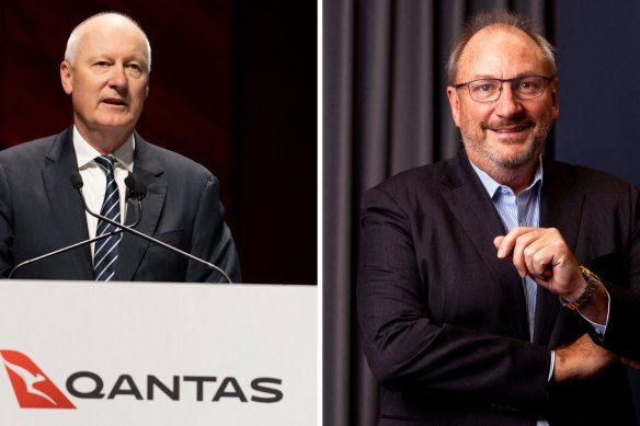 Qantas’ outgoing chairman Richard Goyder and chairman-elect John Mullen.