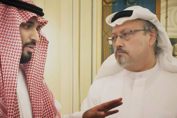 Saudi Crown Prince Mohammed bin Salman, left, and journalist Jamal Khashoggi, right, who was later killed by the Saudi government.