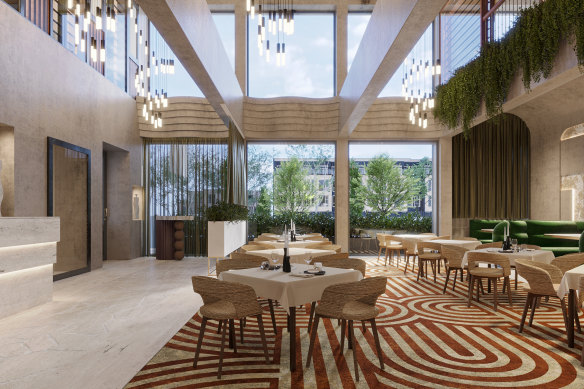 Renders show an immaculate art deco-inspired space that will feature double-storey windows, stacks of marble and stone, soft furnishings and custom chandeliers.