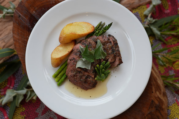 Mark Olive’s slow-cooked river mint lamb with desert lime glaze, roasted kipfler potato and charred asparagus.