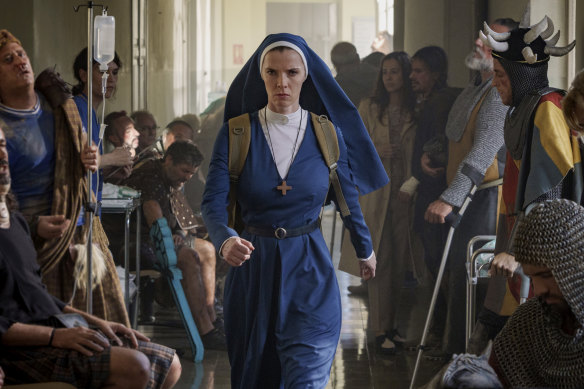 Betty Gilpin as Sister Simone in Mrs Davis.