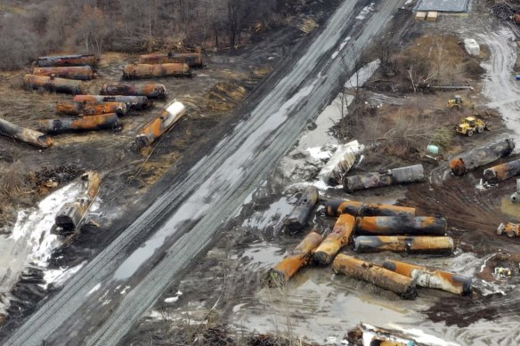 This photo taken with a drone shows the cleanup of portions of a freight train that derailed in East Palestine, Ohio in February 2023.
