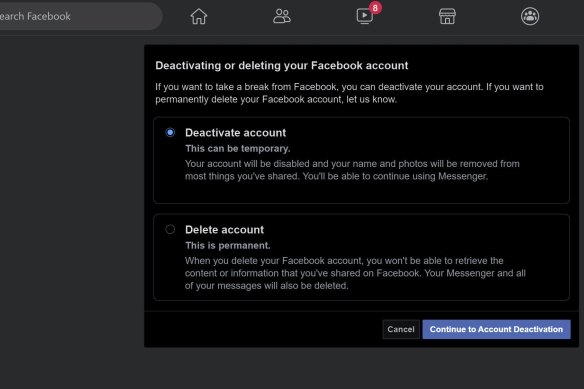 When leaving Facebook, you have a choice of a deactivation where Facebook keeps all your data, or a total deletion that locks you out for good.