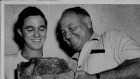 Clem Walton (right) and youngest son John hold the piece of radioactive rock in September 1954. The rock led to the discovery of the Mary Kathleen lease. The 100lb rock and his geiger counter led Walton a nearby hill “alive with uranium”, which would ultimately become the centre of the mine.  